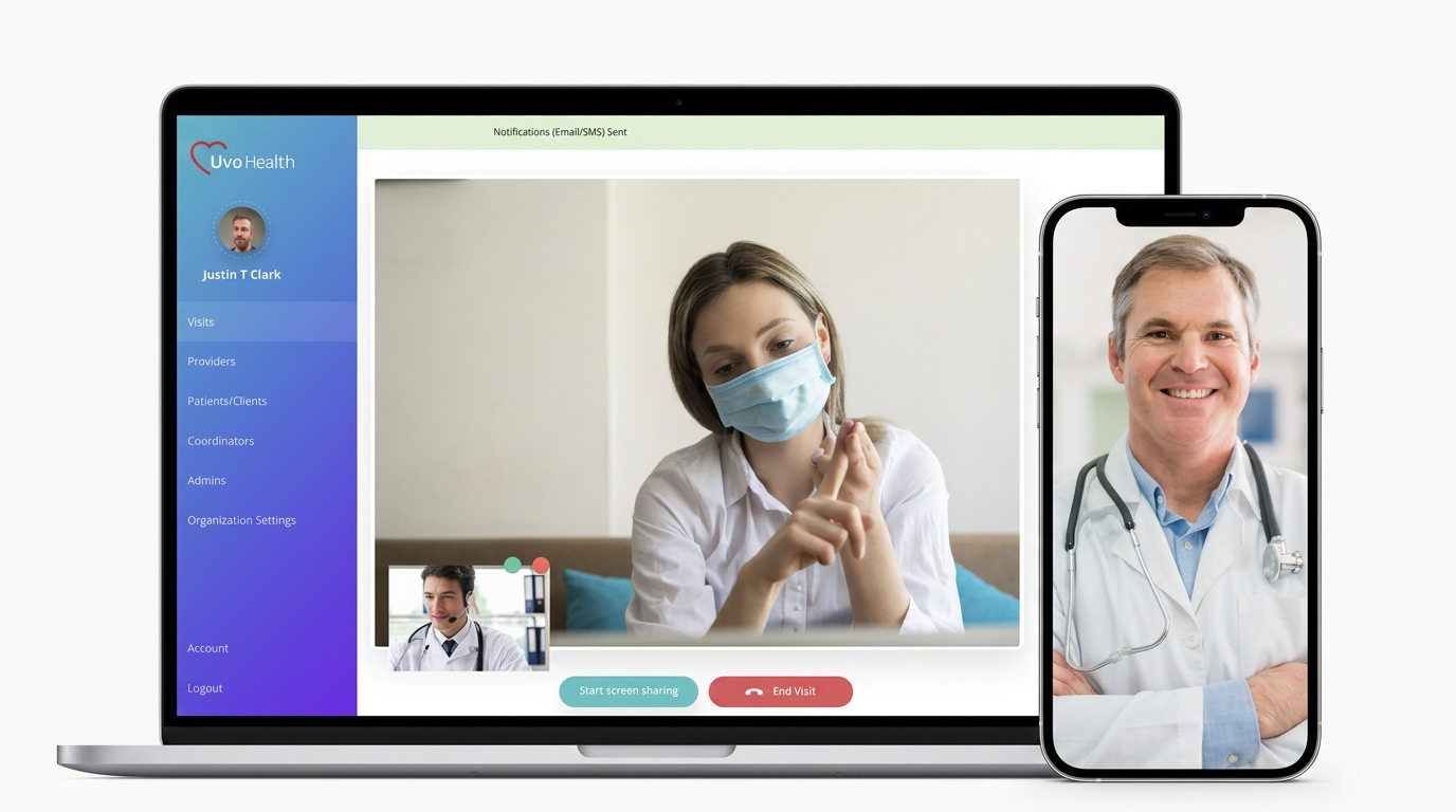 The UVO Health telemedicine platform shown on a laptop and mobile phone